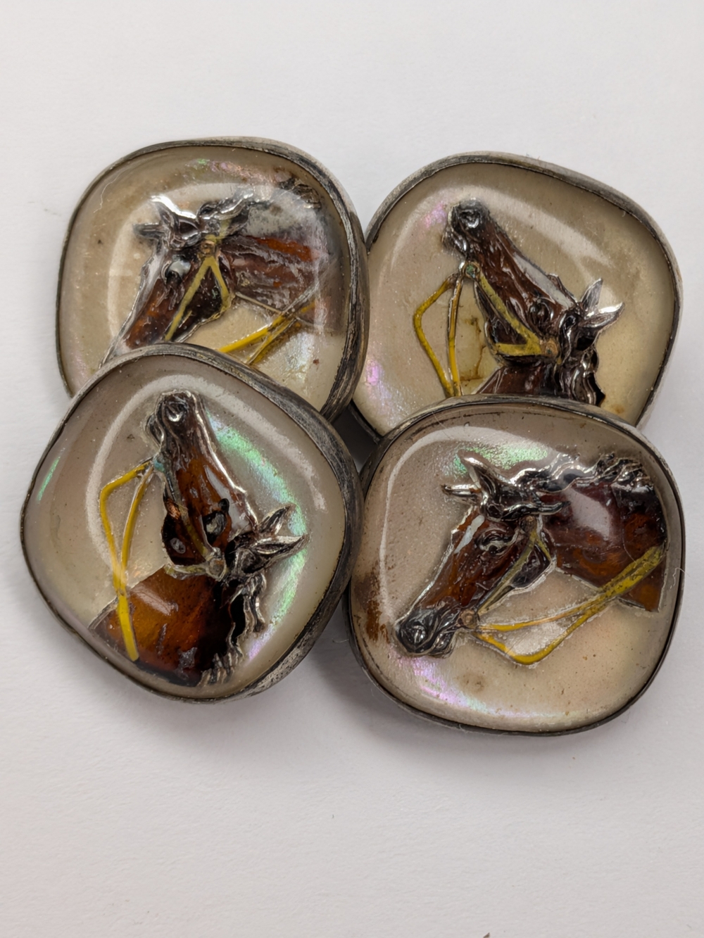 Vintage 1920s Horse Head Buttons Cuff Links Reverse Intaglio Brown Equestrian